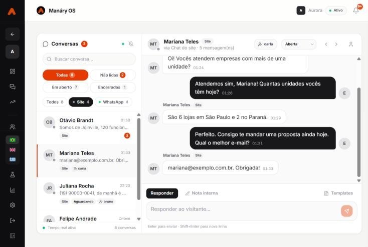 Tela do produto: Chat do site e Bot